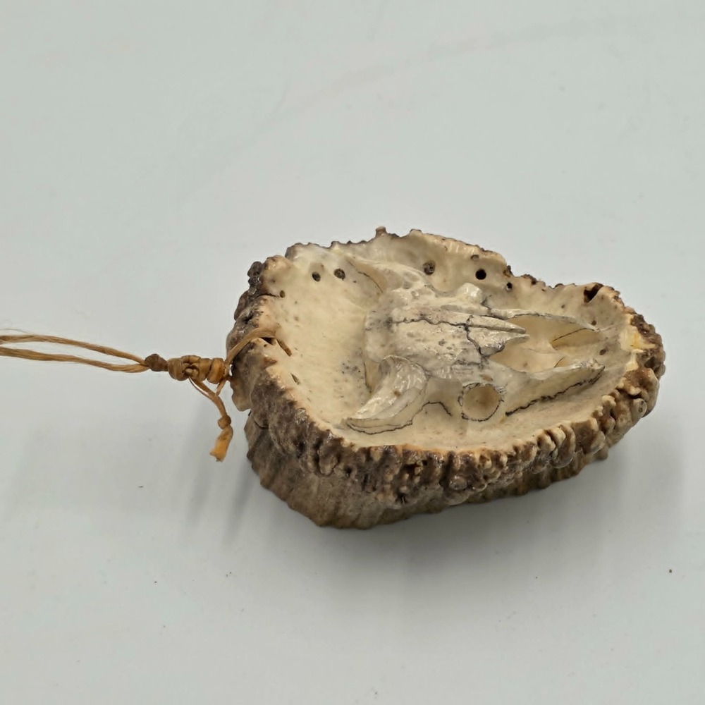 Bison Skull Hand Carved Deer Antler Hanging Ornament Charm Predatory Prey Unique